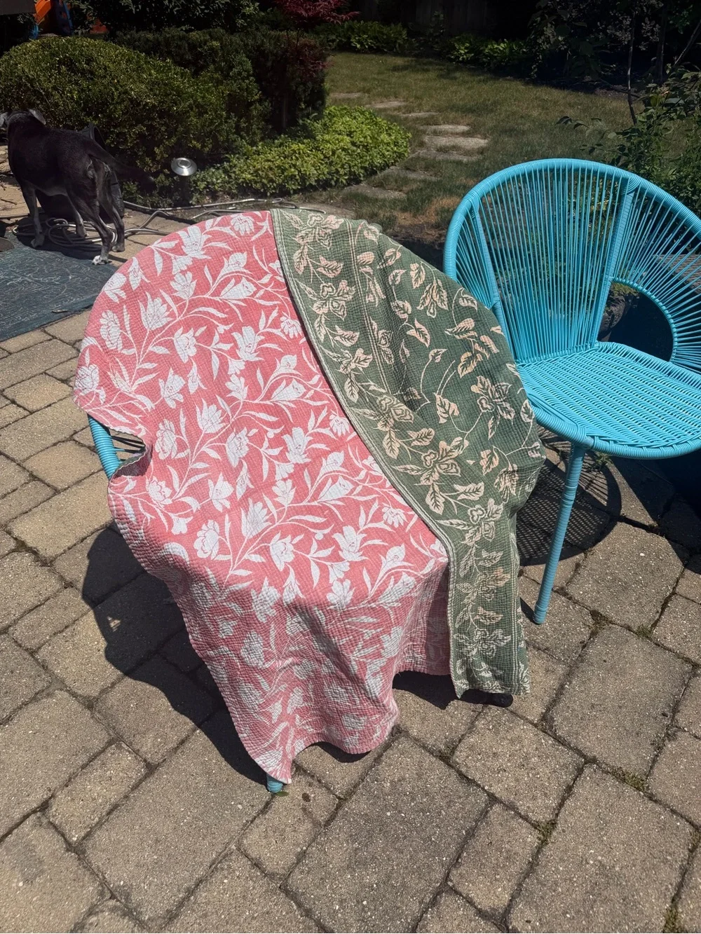 Green Floral Kantha Throw with Pink & Cream Accents